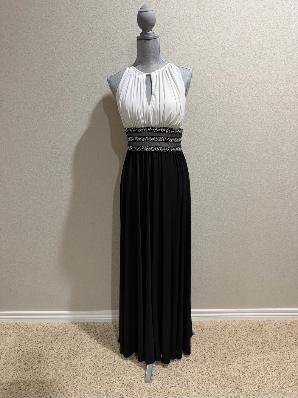 Two-Tone Halter Maxi Dress with Embellished Waistband - White & Black